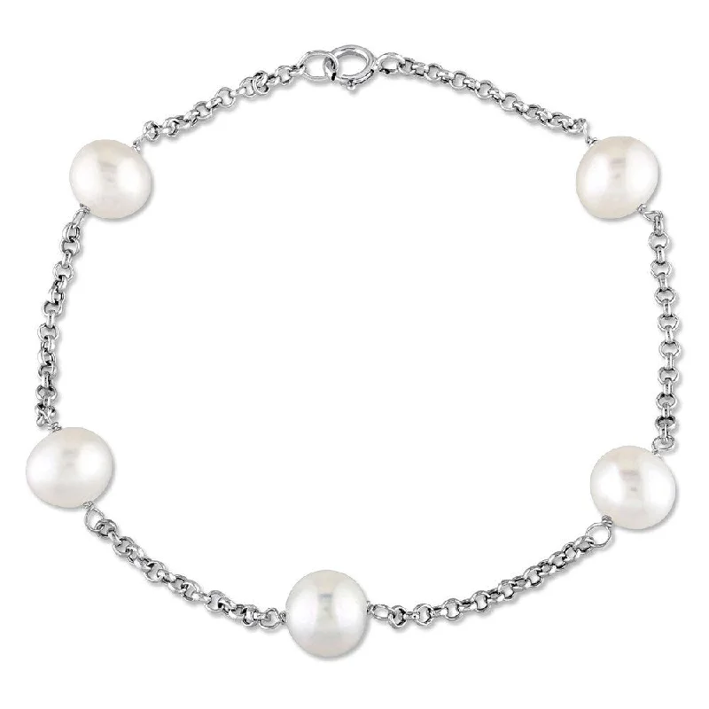 Bohemian - Style Pearl Bracelets with Feather and Bead EmbellishmentsMiadora 14k White Gold Cultured Freshwater Pearl Tin Cup Station Bracelet (6.5-7 mm)