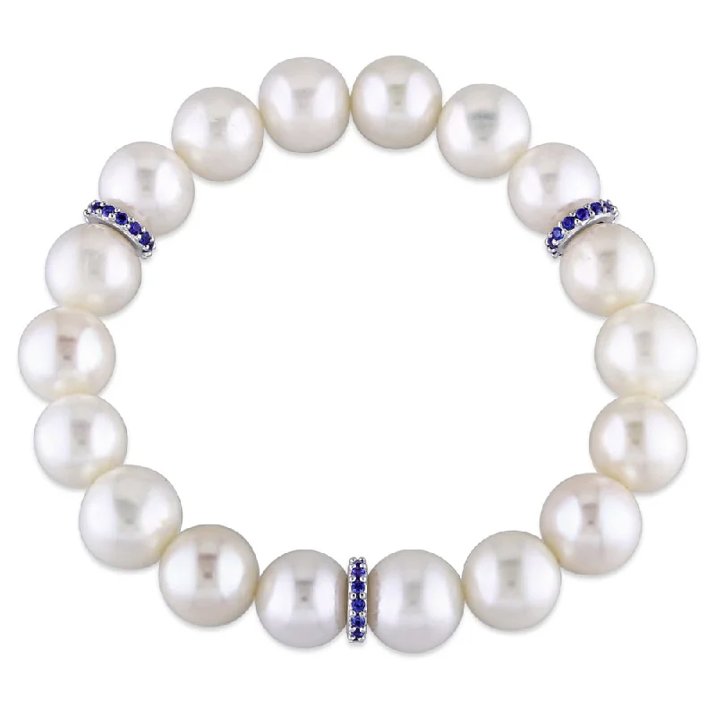 Stretch Pearl Bracelets with Elastic Cord for Easy Wear9-9.5mm Freshwater Cultured Peal and Created Sapphire Rondelles Beaded Bracelet in Sterling Silver by Miadora - Blue