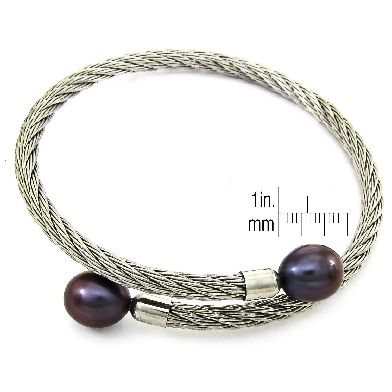 Pearl Bracelets with LED - Lit Clasps for a Glowing and Trendy AccessoryDaVonna Stainless Steel 9-10mm Black Long Shape Pearl Expandable Bangle Bracelet