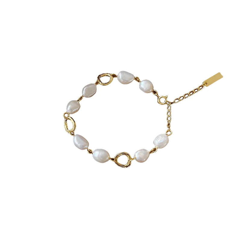 Plus Size Women's Pearl Bracelets with Extra - Long Chains for a Statement Piece925 Silver Natural Irregular Pearl Circle Bracelet