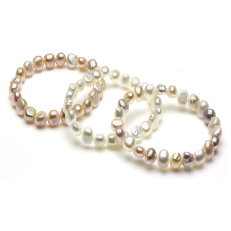 South Sea Pearl Bracelets with 18K Gold Clasps for a Luxurious LookDaVonna White, Pink and Multi Pearl 3-pair Stretch Bracelet (8-9 mm)