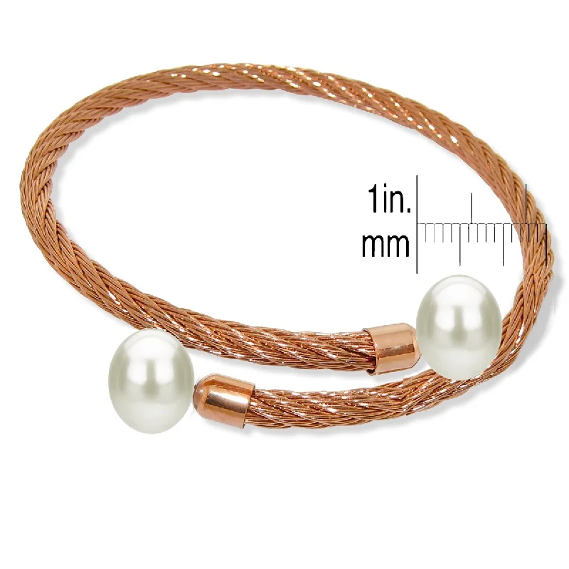 Akoya Pearl Bracelets with Rose Gold - Plated Clasps for a Glamorous AppearanceDaVonna Stainless Steel 9-10mm White Long Shape Pearl Expandable Bangle Bracelet