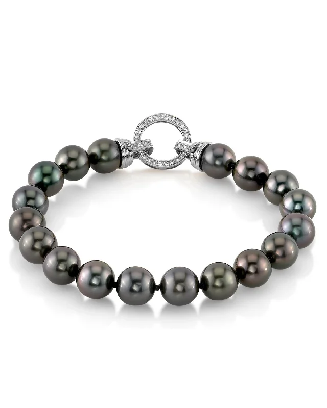 Unisex Pearl Bracelets with Abstract Artwork - Engraved Metal LinksTrue Round Black Tahitian Pearl Bracelet, 8.0-9.0mm - AAA/AAAA Quality