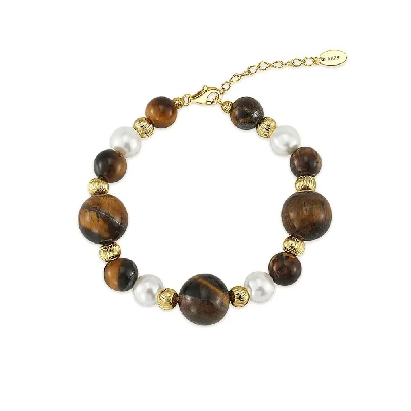 Men's Pearl and Leather Bracelets with Stainless Steel Accents for a Modern Edge925 Silver Tiger Eye Stone Shell Pearl Bracelet