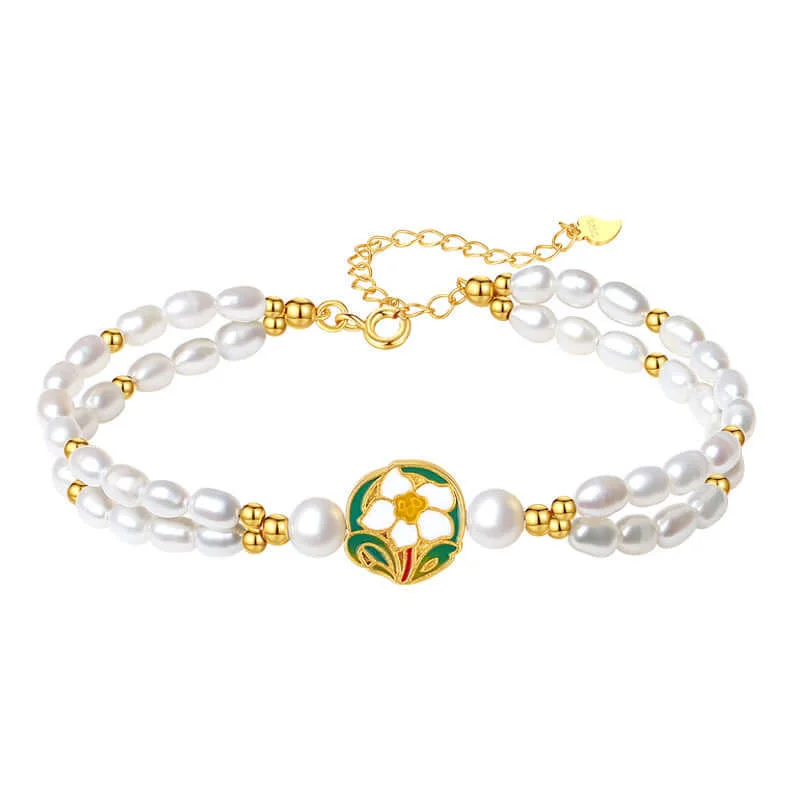 Adjustable Pearl Bracelets with Delicate Silk Cords for a Comfortable Fit925 Silver Enamel Camellia Freshwater Pearl Bracelet