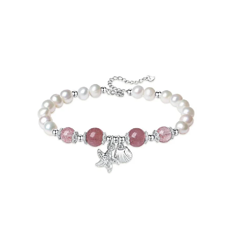 Men's Pearl and Leather Bracelets with Stainless Steel Accents for a Modern Edge925 Silver Pearl Strawberry Crystal Starfish Shell Bracelet