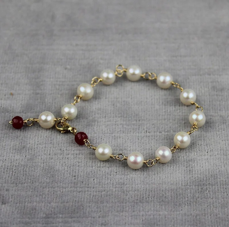 White Pearl and Crystal Bracelets for a Sparkling and Elegant LookPearl & Ruby Tin Cup Bracelet | AA 7mm Natural White Semi-Round Freshwater Cultured