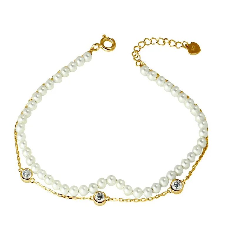 Unisex Pearl Bracelets with Abstract Artwork - Engraved Metal LinksGold Plated 925 Sterling Silver Double Strand Synthetic Pearl with CZ - GMB00054GP