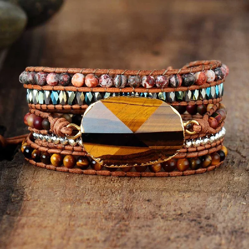 Vintage - Inspired Wrap Bracelets with Filigree DetailsTiger's Eye Charm & Jasper Wrap Bracelet