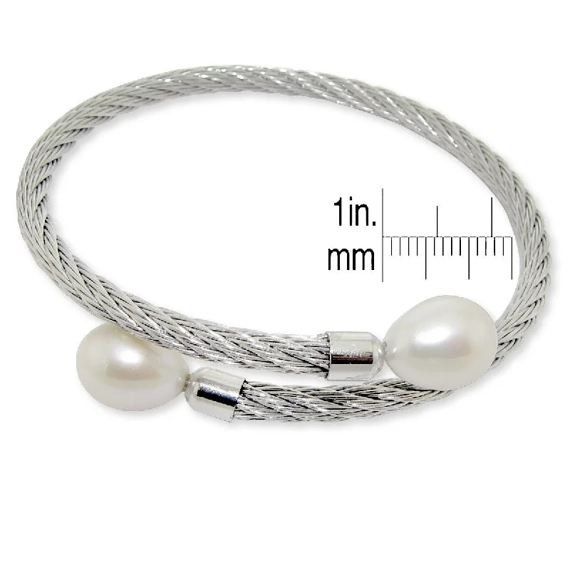 Unisex Pearl Bracelets with Abstract Artwork - Engraved Metal LinksDaVonna Stainless Steel 9-10mm White Long Shape Pearl Expandable Bangle Bracelet.