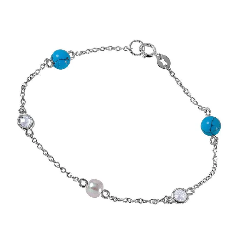 Pearl Bracelets with LED - Lit Clasps for a Glowing and Trendy AccessorySilver 925 Link Bracelet with Turquoise Beads, Synthetic Pearl and CZ - BGB00259