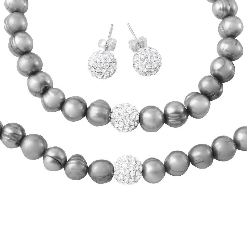 Pearl Bracelet Sets with Matching Earrings for a Coordinated LookFresh Water Grey Pearl Set with CZ Encrusted Sterling Silver Bead - PJS00001GRY