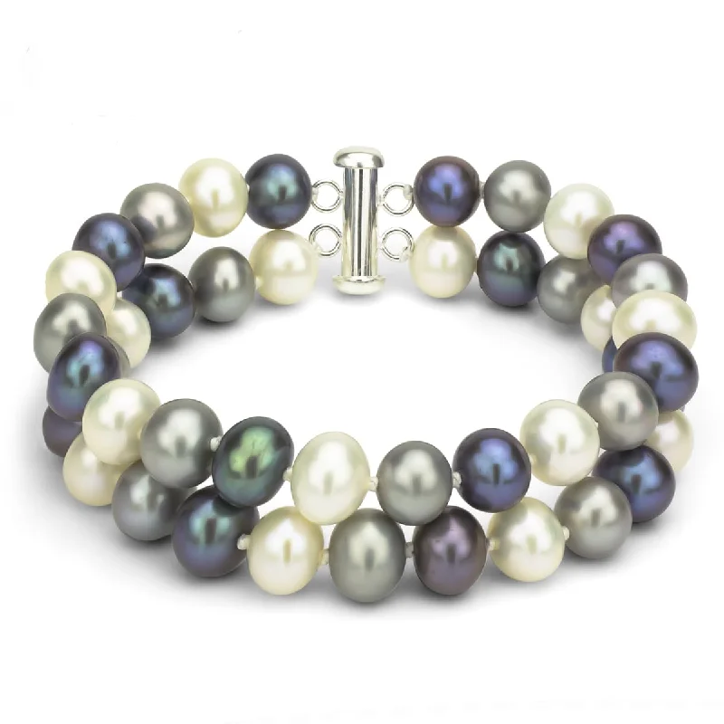 Pearl Bracelets with LED - Lit Clasps for a Glowing and Trendy AccessoryDaVonna Sterling Silver 2-row White Freshwater Cultured Pearl Bracelet with Tube Clasp (8 - 9mm)