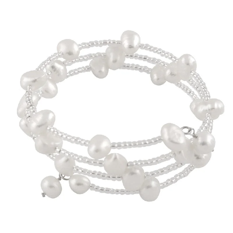 Plus Size Women's Pearl Bracelets with Extra - Long Chains for a Statement PieceSterling Silver Triple Row Beaded Freshwater Pearl Cuff Bracelet (6-7mm)