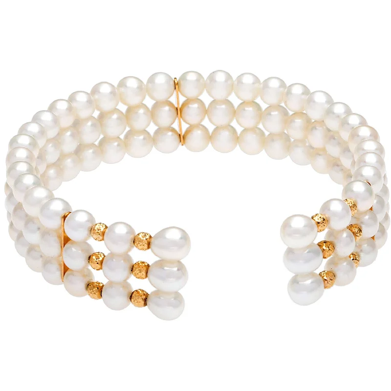 South Sea Pearl Bracelets with 18K Gold Clasps for a Luxurious LookDaVonna 14k Yellow Gold White Freshwater Pearl 3-row Cuff Bracelet