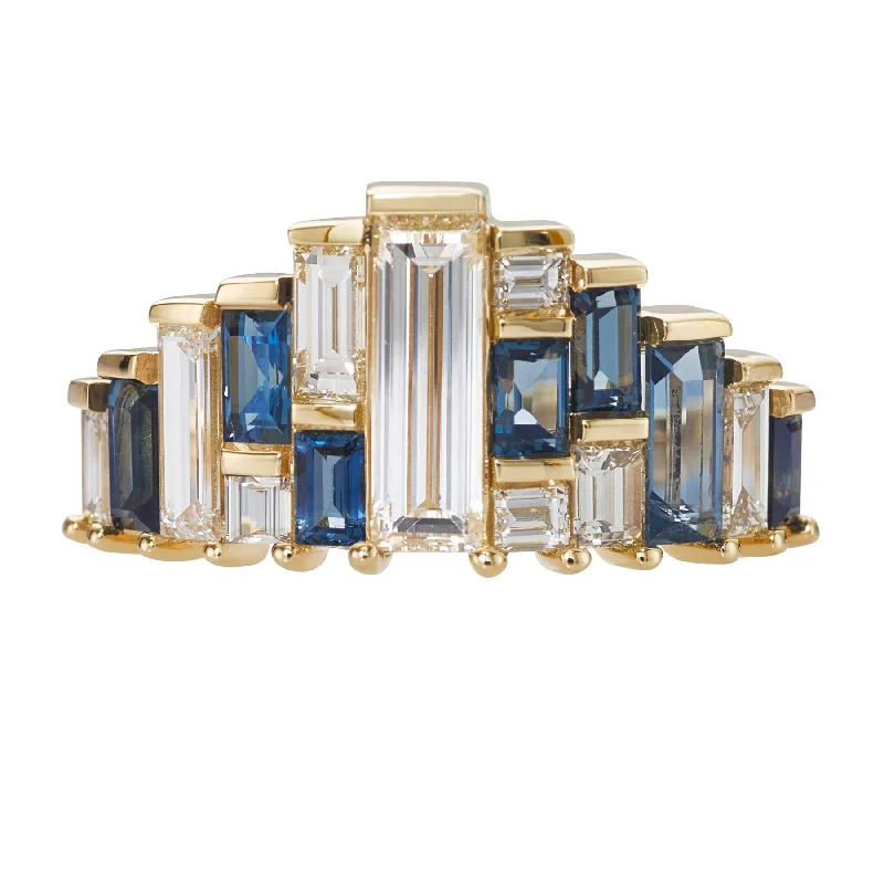 Art Deco Engagement Rings with Geometric Patterns and Baguette - Cut Diamond AccentsBaguette Cut Sapphire and Diamond Tiara Ring