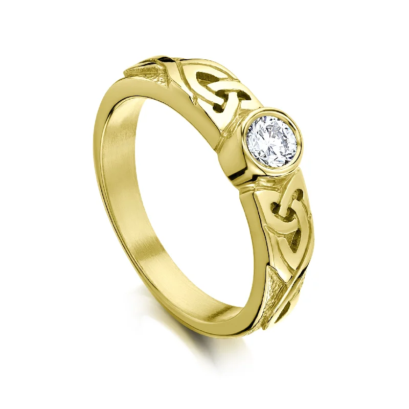 Solitaire Engagement Rings with a High - Clarity Round Diamond and Tapered BandCeltic Knotwork Diamond Solitaire Ring in 18ct Yellow Gold