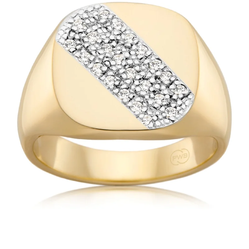 Pearl - and - Diamond - Studded Wedding Bands in White Gold for a Feminine and Elegant TouchCircular Gold Signet Ring with Diagonal Diamonds