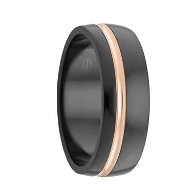 Sapphire - and - Diamond - Accented Wedding Bands in Platinum for a Royal and Sophisticated LookCustom Polished Black Zirconium and Rose Gold Stripe Ring (ZRJ4414)