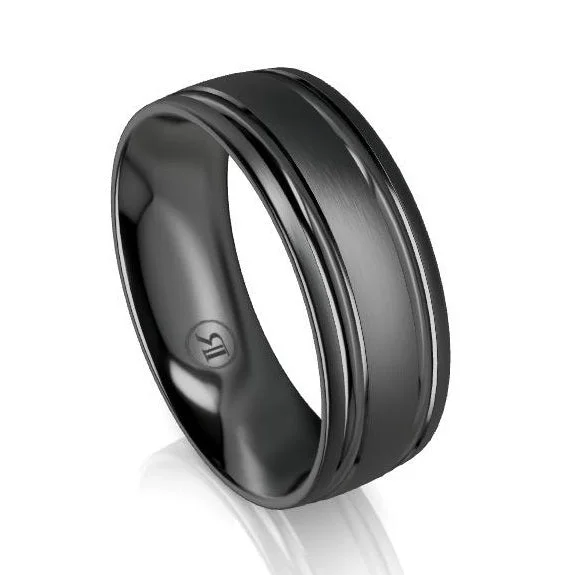 Two - Tone Gold and Silver Wedding Bands with a Twist Design for a Contemporary and Eye - Catching StyleDual Grooved Black Zirconium Wedding Ring - Comfort Fit (IN1344)