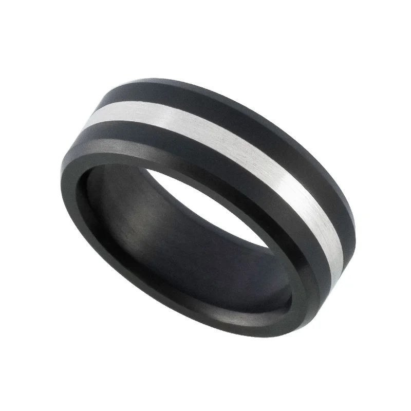 Stackable Wedding Bands in Sterling Silver with Enamel Inlays for a Colorful and Versatile OptionElysium Ares Beveled Edge Black Diamond Ring with Stirling Silver Inlay