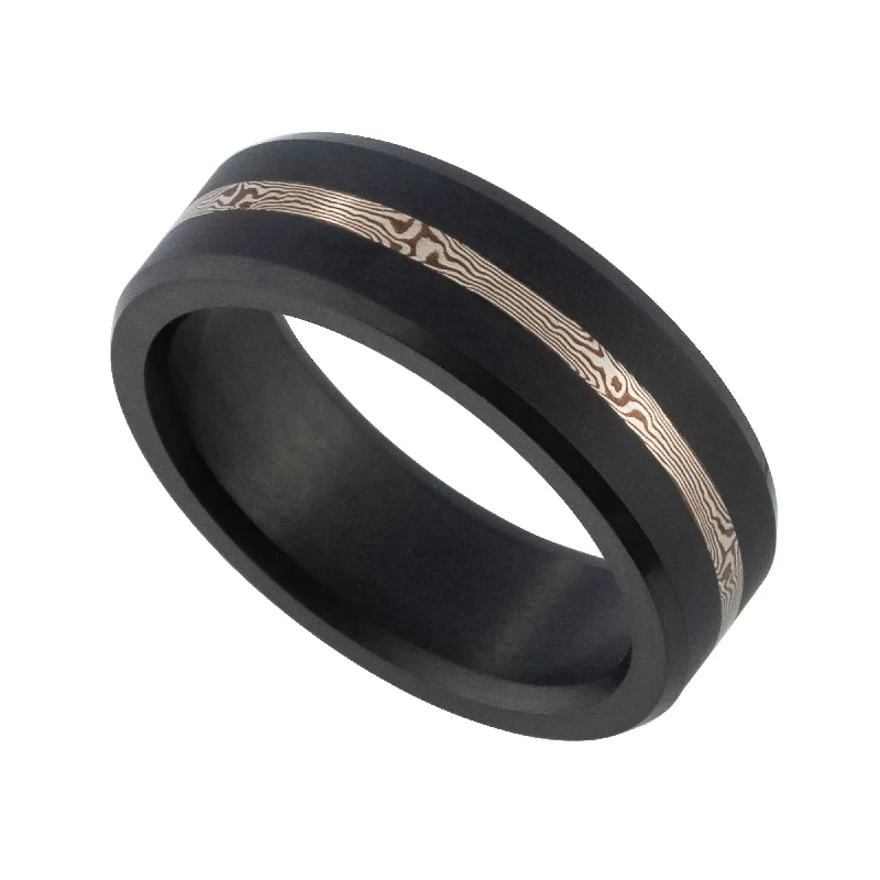 Custom - Engraved Titanium Wedding Bands with Personalized Messages for a One - of - a - Kind and Sentimental PieceElysium Ares Matte Black Diamond Wedding Ring with 14 Carat Yellow Gold Mokume Inlay