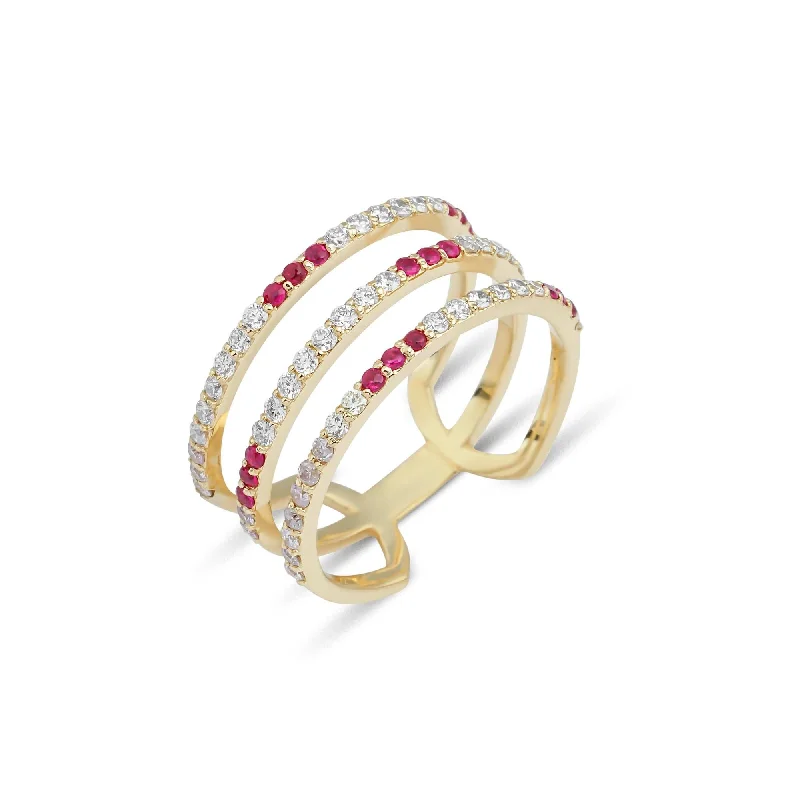 Iolite Gemstone Rings in 10K Gold with a Twisted Band for a Distinctive and Stylish AccessoryArtisia Triple Bar 18K Gold Ring w. Diamonds & Rubies