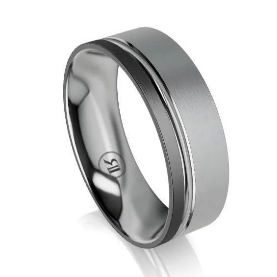 Custom - Engraved Titanium Wedding Bands with Personalized Messages for a One - of - a - Kind and Sentimental PieceGrey Zirconium Grooved and Black Zirconium Edged Wedding Ring - Comfort Fit