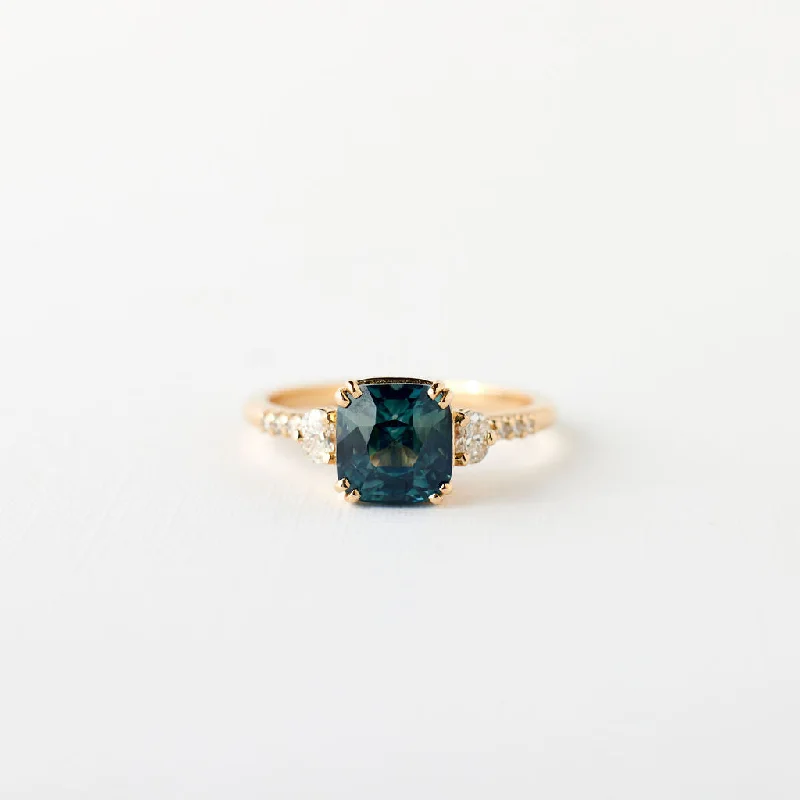 Solitaire Engagement Rings with a High - Clarity Round Diamond and Tapered BandLaurel Ring - 2.41ct. Blue-Teal Cushion Cut Sapphire