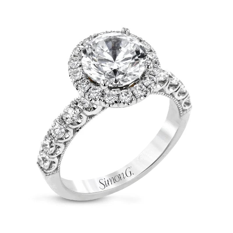 Cushion - Cut Halo Engagement Rings with a Platinum Band and Micro - Pave DetailsRound-Cut Halo Engagement Ring In 18k Gold With Diamonds