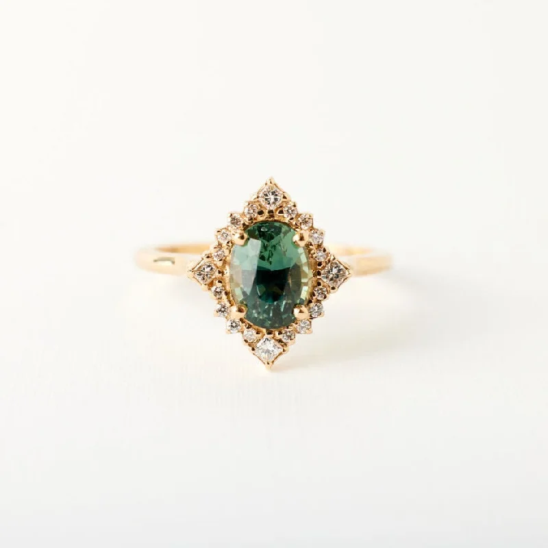 Solitaire Engagement Rings with a High - Clarity Round Diamond and Tapered BandMirabelle Ring - 1.53 Carat Teal Green Oval Sapphire