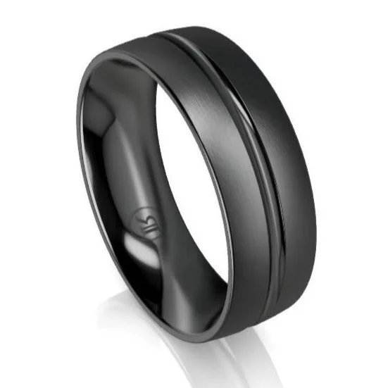 Pearl - and - Diamond - Studded Wedding Bands in White Gold for a Feminine and Elegant TouchRounded Brushed and Polished Centre Groove Black Zirconium Wedding Ring - Comfort Fit (IN1379)