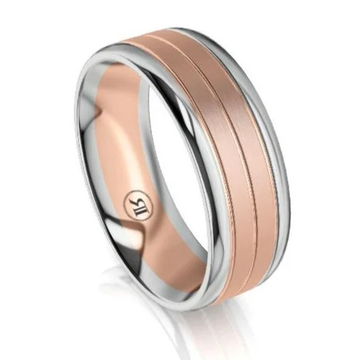 Platinum Celtic - Inspired Wedding Bands with Intricate Knotwork Patterns for a Symbolic and Stylish ChoiceThe Theodore White and Rose Gold Dual Grooved Mens Wedding Ring by Infinity