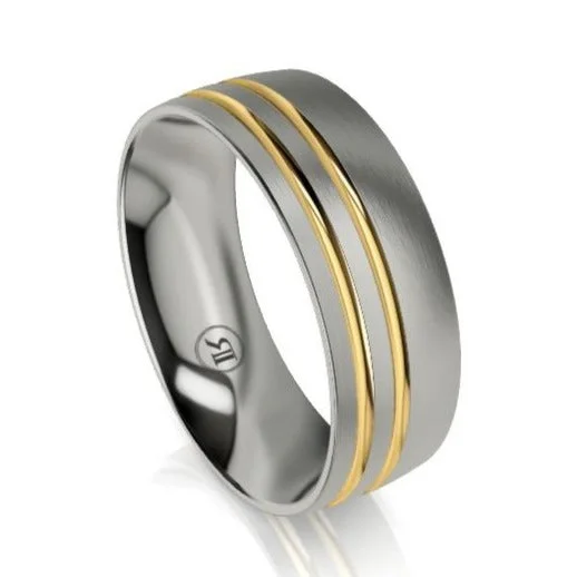 Men's Tungsten Carbide Wedding Bands with a Matte Finish and Grooved Details for a Modern and Durable OptionTitanium and Dual Grooved Gold Wedding Ring (IN1107)