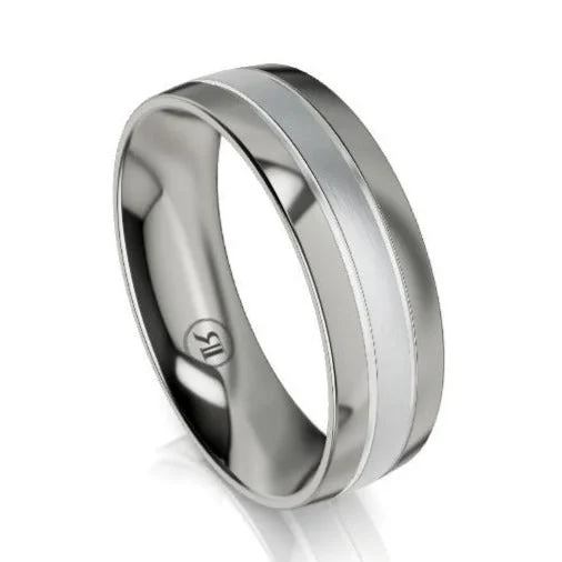 Art Deco - Inspired Wedding Bands with Geometric Patterns in Platinum for a Retro and Glamorous StyleTitanium and Wide Gold Centered Wedding Ring (IN1038)