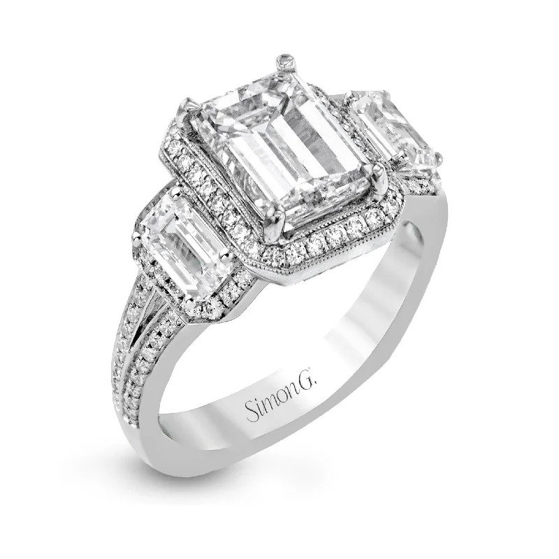 Classic Round Cut Engagement Rings with Platinum Prongs and Halo Setting for Timeless EleganceEmerald-Cut Three-Stone Halo Engagement Ring In 18k Gold With Diamonds