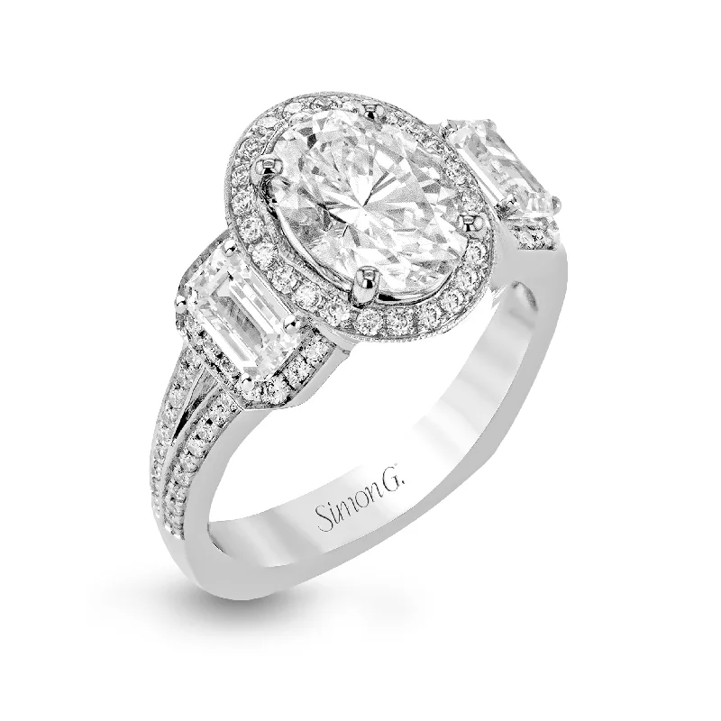 Marquise Cut Engagement Rings with a Channel - Set Diamond BandOval-Cut Three-Stone Halo Engagement Ring In 18k Gold With Diamonds