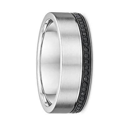 Men's Tungsten Carbide Wedding Bands with a Matte Finish and Grooved Details for a Modern and Durable OptionWhite Gold Mens Wedding Ring With Black Diamonds (577A11)