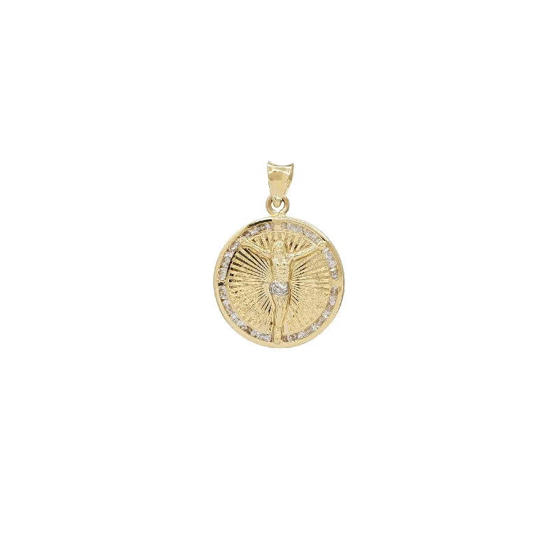 Zirconia Crucified Jesus Round Medallion Pendant (14K)